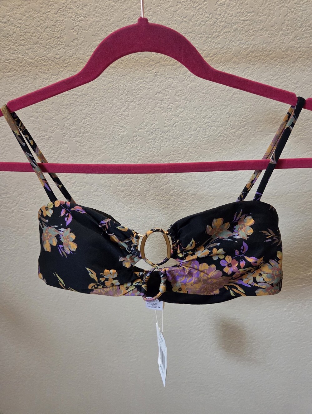 NWT- L*space Black Floral O Ring-Front Bandeau Bikini Top
